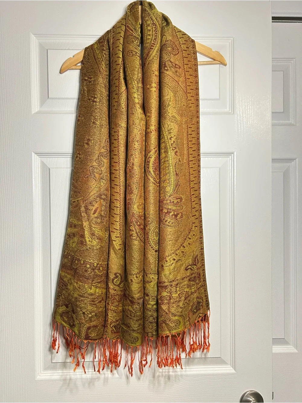 Pashmina Silk Blend Paisley Shawl Wrap Olive Gold Orange Fringe
